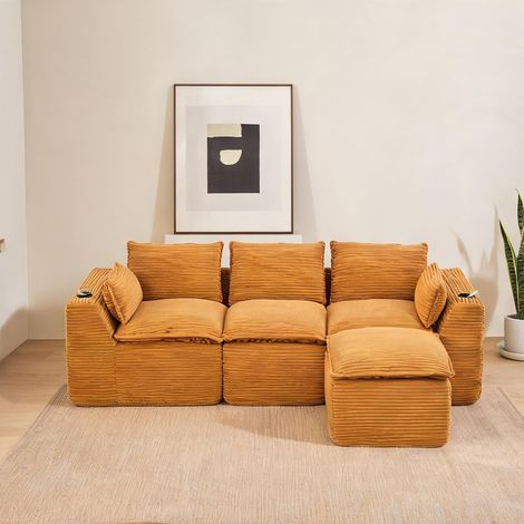 Canapé modulaire 3 places orange avec pouf et coussins (1/5)