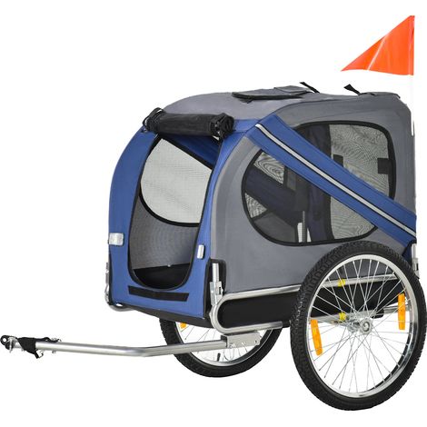 Remorque vélo pour chien animaux 8 réflecteurs drapeau barre attelage inclus acier polyester imperméable max. 30 Kg 130L x 73l x 90H cm bleu