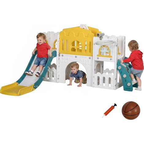 Toboggan pour enfants, structure de jeu 7 en 1 avec panier de basket et volant, pour les 1 à 3 ans, 178 x 177 x 99 cm, jaune/blanc/vert (1/5)