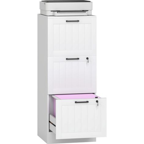 Büroschrank, Holzschrank mit 3 Schubladen und Schloss, verstellbare Kleiderstangen, 40 x 40 x 101 cm, weiß