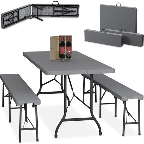 Relaxdays Bierzeltgarnitur klappbar, 3-tlg. Bierbank Set mit großem Tisch, für Garten, Festzeltgarnitur, 180 cm, grau