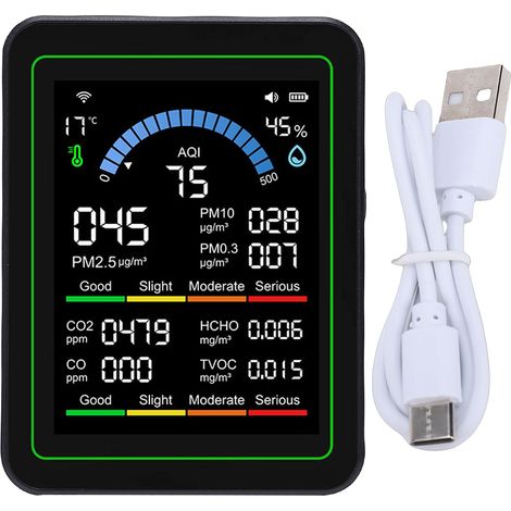 Détecteur de qualité de l'air 10 en 1, CO2 TVOC HCHO PM2.5 PM10 PM0.3, testeur d'intérieur multifonctionnel, prise en charge de l'application intelligente Tuya, noir (1/5)
