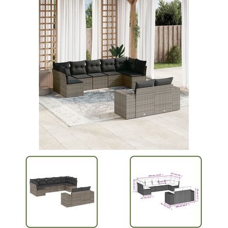 The Living Store 9-tlg. Garten-Sofagarnitur mit Kissen Grau Poly Rattan - Gartensorte - Gartenmöbelset - PE-Rattan Möbel - Outdoor Lounge Set - Wetterfeste Gartenmöbel (1/3)