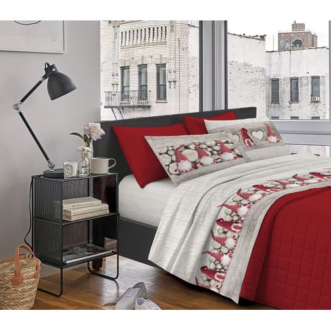 Completo Letto Stampato Made In Italy 100 % Cotone Set Lenzuolo Sopra Sotto Federe Gnomi Rosso - Singolo (1/3)