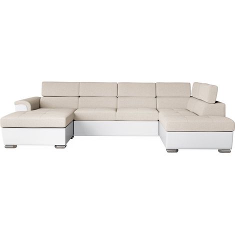Loungitude – Canapé panoramique convertible 6 places – 2 coffres de rangement – Tissu Easy Clean antitache – Simili cuir beige/blanc (1/5)