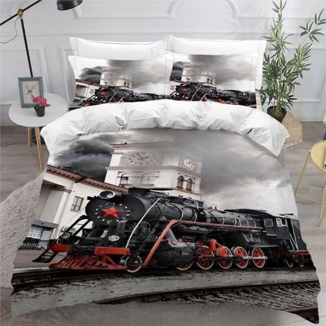 Bettwäsche-Set 135x200 cm mit 2 Kissenbezügen 80x80 cm, 3D Dampflokomotive Motiv, Mikrofaser, Reißverschluss