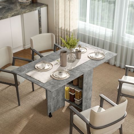 Table pliante de cuisine salle à manger amovible sur roulettes 75L x 140l x 74H cm 2 étagères intégrées en bois