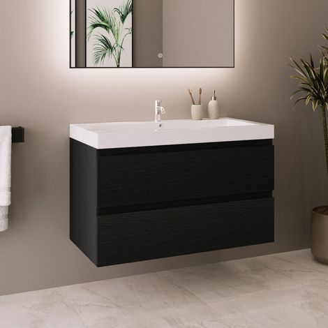 LOMAZOO Meuble de Salle de Bain 80cm Chêne Noir - Vasque Blanche