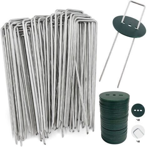 40 Piquets de Jardin avec Rondelles, Piquets de Fixation en Acier Galvanisé pour Baches, Agraphes de Fixation de Toile de paillage - 150 MM de Long, 25 MM de Large, 2.8 MM de Diamètre (1/5)