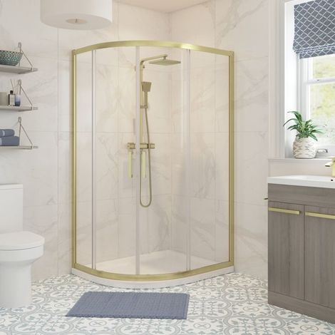 Signature Verve Brushed Brass 2-Door Offset Quadrant Shower Enclosure 1000mm x 800mm - 6mm Glass (1/2)