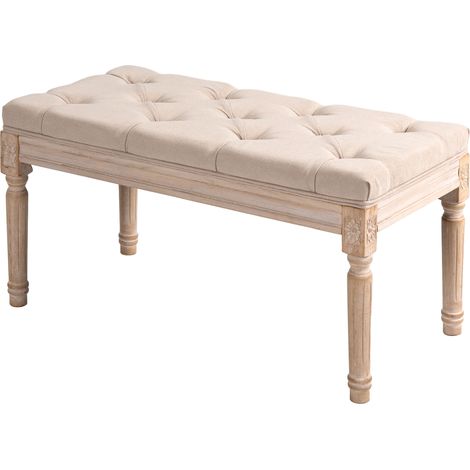 Banc de style vintage, capitonnage à boutons, pieds tournés, style shabby chic, couleur crème