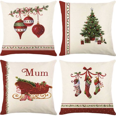 Lot de quatre taies d'oreiller décoratives Joyeux Noël, douces et moelleuses, en coton, pour les fêtes d'hiver. (1/5)