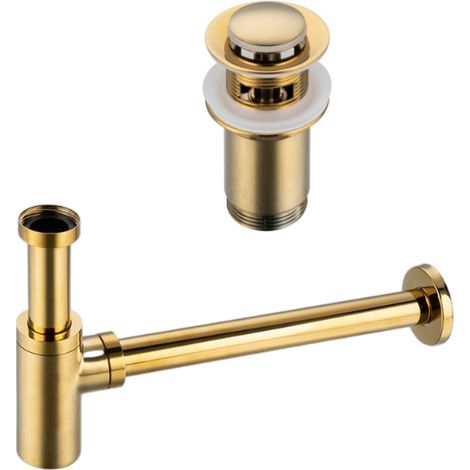 BALNEO - ensemble bonde de lavabo Klik Klak E avec trop-plein doré + siphon rond doré en laiton - kit pour lavabo (1/5)