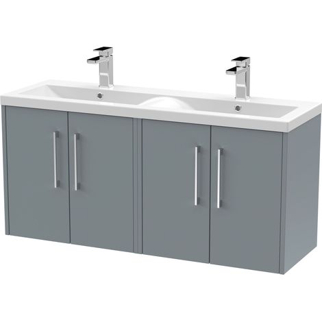 Winshill Contemporary 4 Door Wall Hung Vanity Unit with Double Basin, Grey, 1200mm