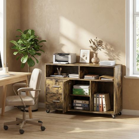 Mobile Porta Stampante a Rotelle con 2 Cassetti, 3 Ripiani e 2 Armadietti, in Legno, 100x35x65 cm, Marrone (1/5)