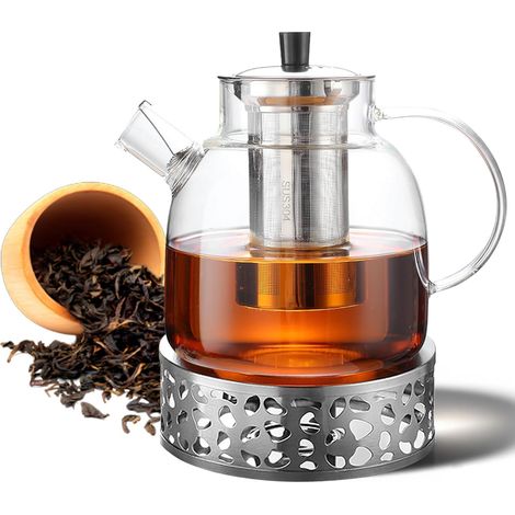 Théière en verre de 1500 ml avec réchaud, théière en verre avec infuseur amovible, en verre borosilicate, théière en verre, théière en vrac, sachets de thé, théière en verre pour tous les types de thé (1/5)