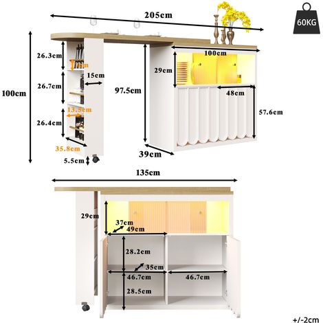 Table de bar extensible avec LED et rangement blanc 135-205 x 39 x 100 cm HOMAIRE (1/5)