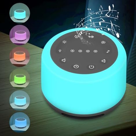 Questo dispositivo portatile per conciliare il sonno con rumore bianco offre rumore bianco, una luce notturna a 7 colori e 24 suoni rilassanti. È ricaricabile tramite USB e dispone di tre timer. (1/5)