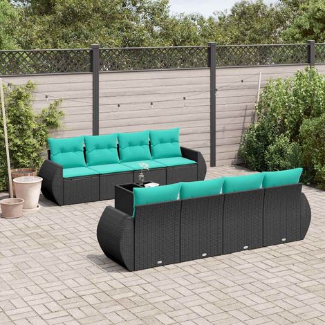 9-teiliges Gartensofa-Set mit Kissen, schwarzes Polyrattan (1/5)