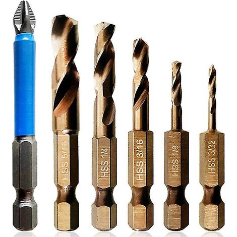 Set mit 6 kurzen Kobalt-M35-Bohrern für Edelstahl und Hartmetalle, kompatibel mit Schnellspannfuttern und Schlagschraubern.