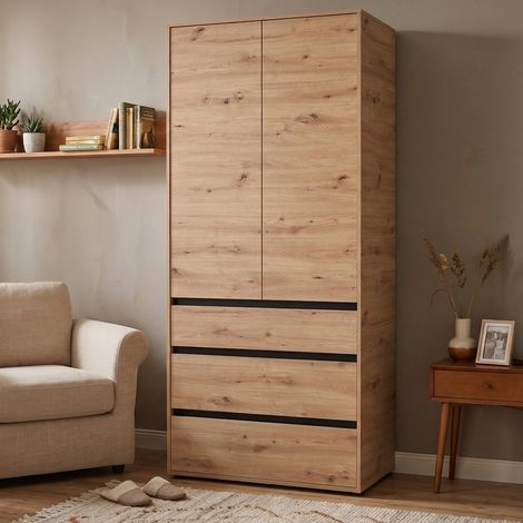 Guardaroba 2 Ante Vimercatii, Armadio Camera da Letto Appendiabiti, 3 Cassetti, un Ripiano, 93x211h cm Marrone Rovere Nodi (1/5)