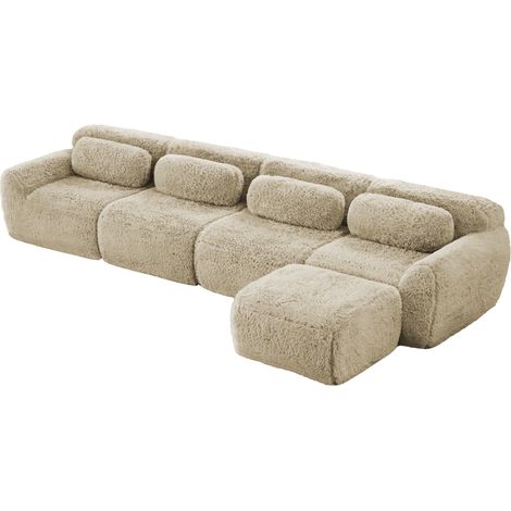 Canapé d'angle modulable 4 places en tissu peluche premium, design chaise longue, mousse haute résilience (1/5)