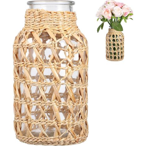 Vase en Verre Tissé Revêtement Rotin, Taille S, pour Composition de Fleur et Décoration Intérieure, Pot à Fleurs Créatif pour Maison et Bureau, Ornement Naturel et Élégant (1/5)