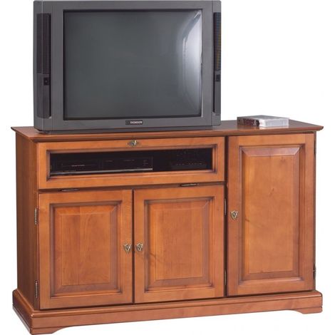 Meuble TV 55 Pouces Merisier 3 Portes 1 Abattant Vitré (1/4)