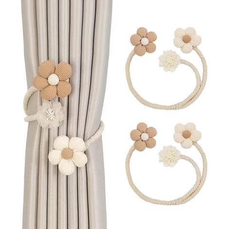 Stück Raffhalter, Boho-Blumen-Raffhalter, 360° drehbar, verstellbare Blumen-Raffhalter, keine Bohrung erforderlich, dekorative Vorhangclips (Beige + Braun)