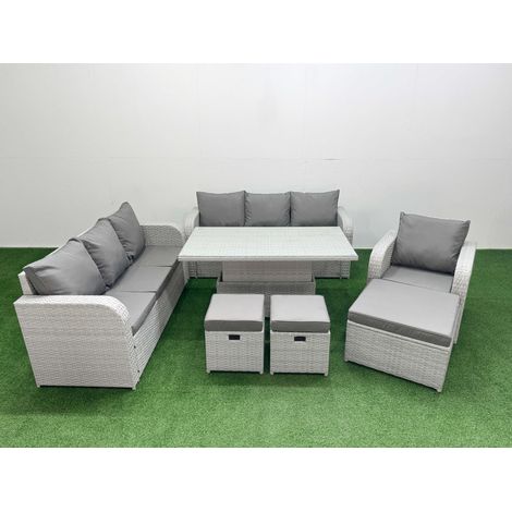 Fimous 10 Seater Poly Rattan Outdoor Garden Furniture Adjustable Lifting Dining or Coffee Table Sofa Set Patio 3 Seater Sofa Reclining Chair 3 Seater Sofa 3 Stools Light Grey (1/5)