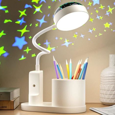 Lampe de bureau enfant - Lampe de chevet avec porte-stylo - Lampe de table ciel avec changement de couleur automatique, Blanc (1/4)