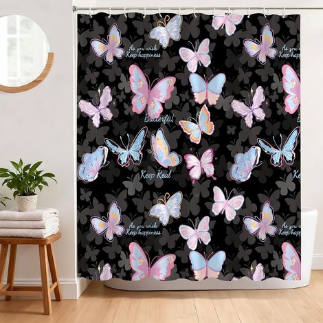 Rideau de Douche Anti Moisissure 180 x 180 cm Rideau Douche Motif Papillon Tissu Polyester Imperméable Lavable Rideau Baignoire avec 12 Crochets (1/5)