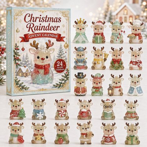 Adventskalender 2026 – 24-teilig – blau, rot, weiß – Acryl – 24 Tage mit kristallenen Weihnachts-Rentieren zum Aufhängen – Weihnachtsbaumschmuck – geeignet für Weihnachten und als Dekoration für den W (1/3)