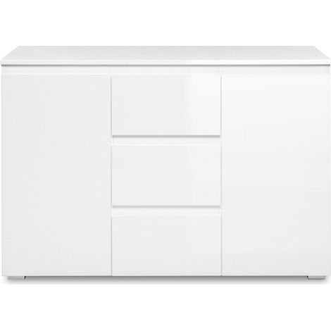 Calicosy – Buffet blanc brillant 2 portes 3 tiroirs L120 cm – Panneaux de particules – Fabriqué en Europe – Style moderne (1/5)
