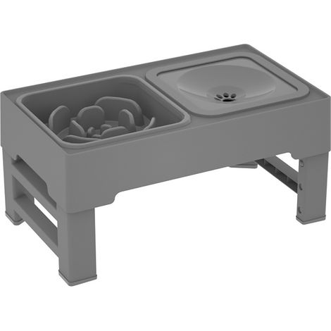 Gamelles surélevées 2 en 1 pour animaux de compagnie, avec Slow Food, anti-déversement, eau, 4 hauteurs réglables, gris (1/5)