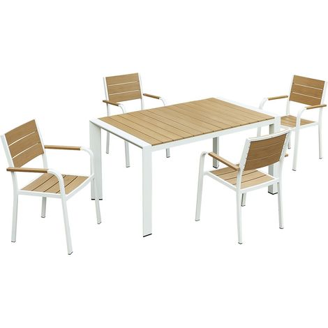 Sala da pranzo da giardino in alluminio: un tavolo L.150 cm e 4 poltrone impilabili Naturale chiaro e bianco - NYROS di MYLIA