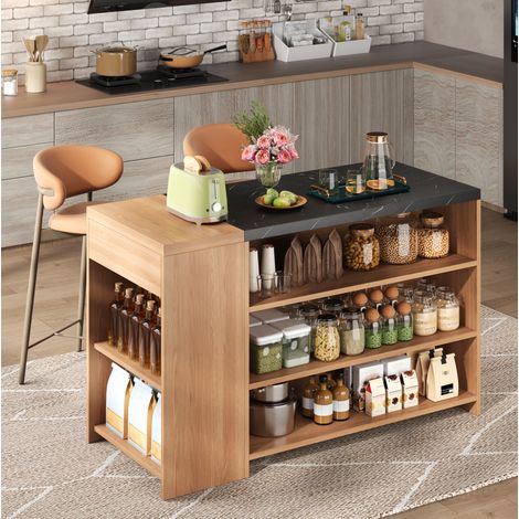 Îlot de cuisine 140/60/90 cm effet marbre noir et chêne avec rangement et tiroir dissimulé (1/5)