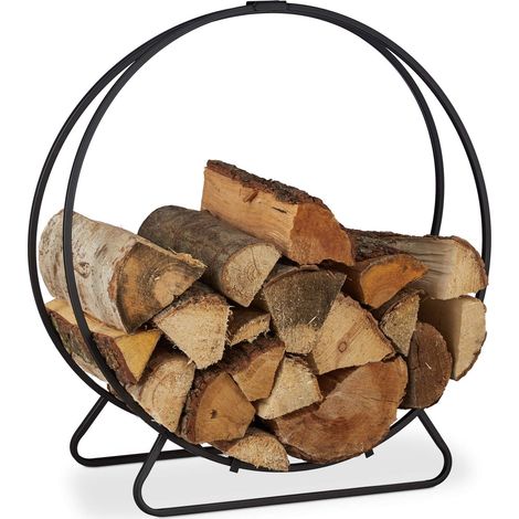 Cheminée, Range bûches Rond, Acier, étagère Cercle Bois, HxlxP 65x61x26 cm, Noir (1/5)
