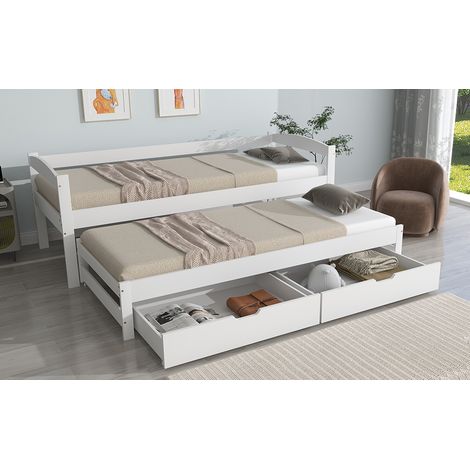 [29596364WAA] Lit de jour, lit simple et double, lit gigogne à roulettes en dessous, avec 2 tiroirs en MDF, cadre en bois massif, blanc (200x90cm/190x90cm) (1/5)