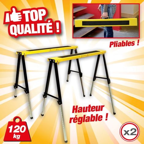Tréteaux pliables réglables 100cm – Charge max 120kg – Hauteur mini 64cm, maxi 91cm – Lot de 2 – Plateau anti-glisse – Outiror