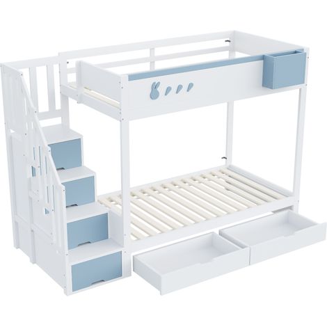 Lit superposé pour enfants 90200 cm, avec motifs lapins et carottes, étagère amovible, échelle de rangement sécurisée, tiroirs, sommier à lattes, blanc + bleu (1/5)