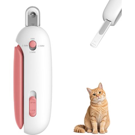 Coupe-ongles pour chats et petits chiens avec lime intégrée, réglable 1-3.5mm, sécurité anti-coupure trop courte, blanc/rose
