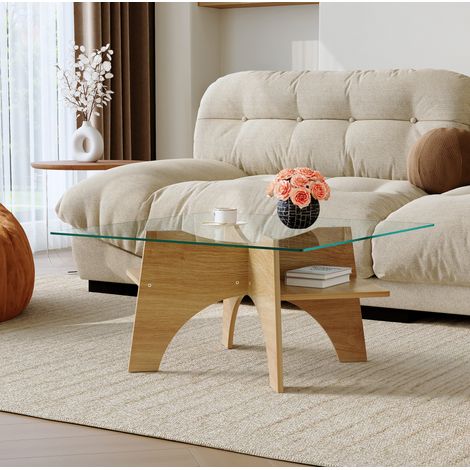 Table basse carrée / bout de canapé en verre de sécurité 80 x 80 x 40 cm MDF décor bois clair OKWISH (1/5)