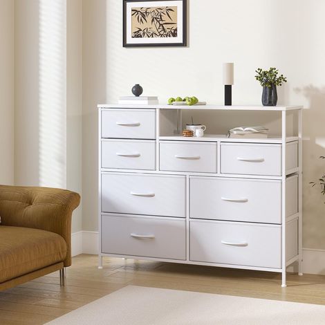 Cassettiera con supporto TV, 5 cassetti in tessuto, struttura in acciaio e piano in MDF, mobile contenitore per camera, soggiorno e ingresso, bianco (1/5)