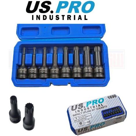 Us Pro by Bergen 8pc 1/2" Impact Spline Socket Bit Set M5-M18 Bits Cr-Mo 80mm Length 1401 (1/4)