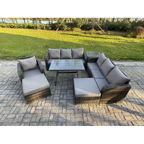 Fimous Wicker 7 Stücke Polyrattan Gartenmöbel set mit Rechteckiger Esstisch Sessel 2 hohen Hockern Beistelltisch Dunkelgrau Gemischt (1/5)