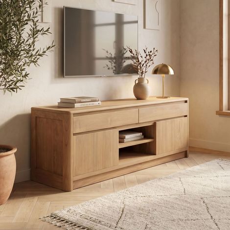 Meuble TV 2 portes + 2 tiroirs 160x37x58cm en teck naturel - BALI (1/5)