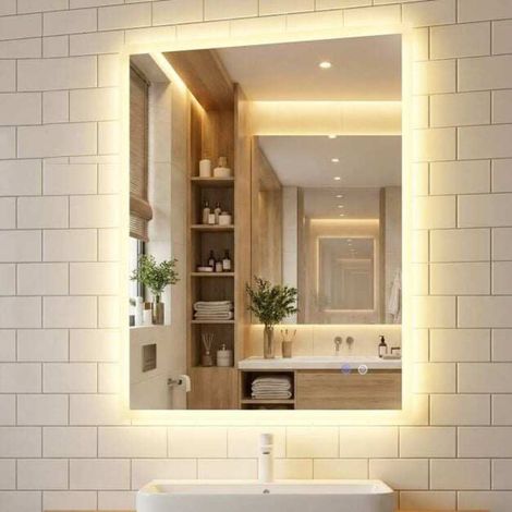 Miroir salle de bain LED rectangulaire 80x60 cm, verre trempé antibuée, intensité réglable, pose murale (1/5)