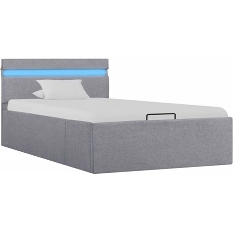 Lit adulte pour 1 personnes, Structure de lit, Assemblage Facile, à stockage avec LED Gris clair Tissu 100x200 cm OIB2620E (1/5)