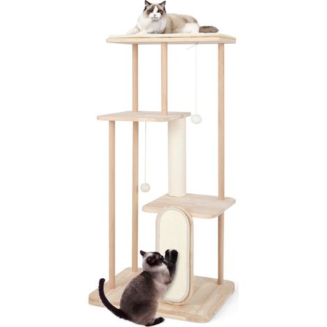 126 cm Tall Solid Wood Cat Tree Home 4-Tier Large Cat Tower w/ Oak Frame (1/5)